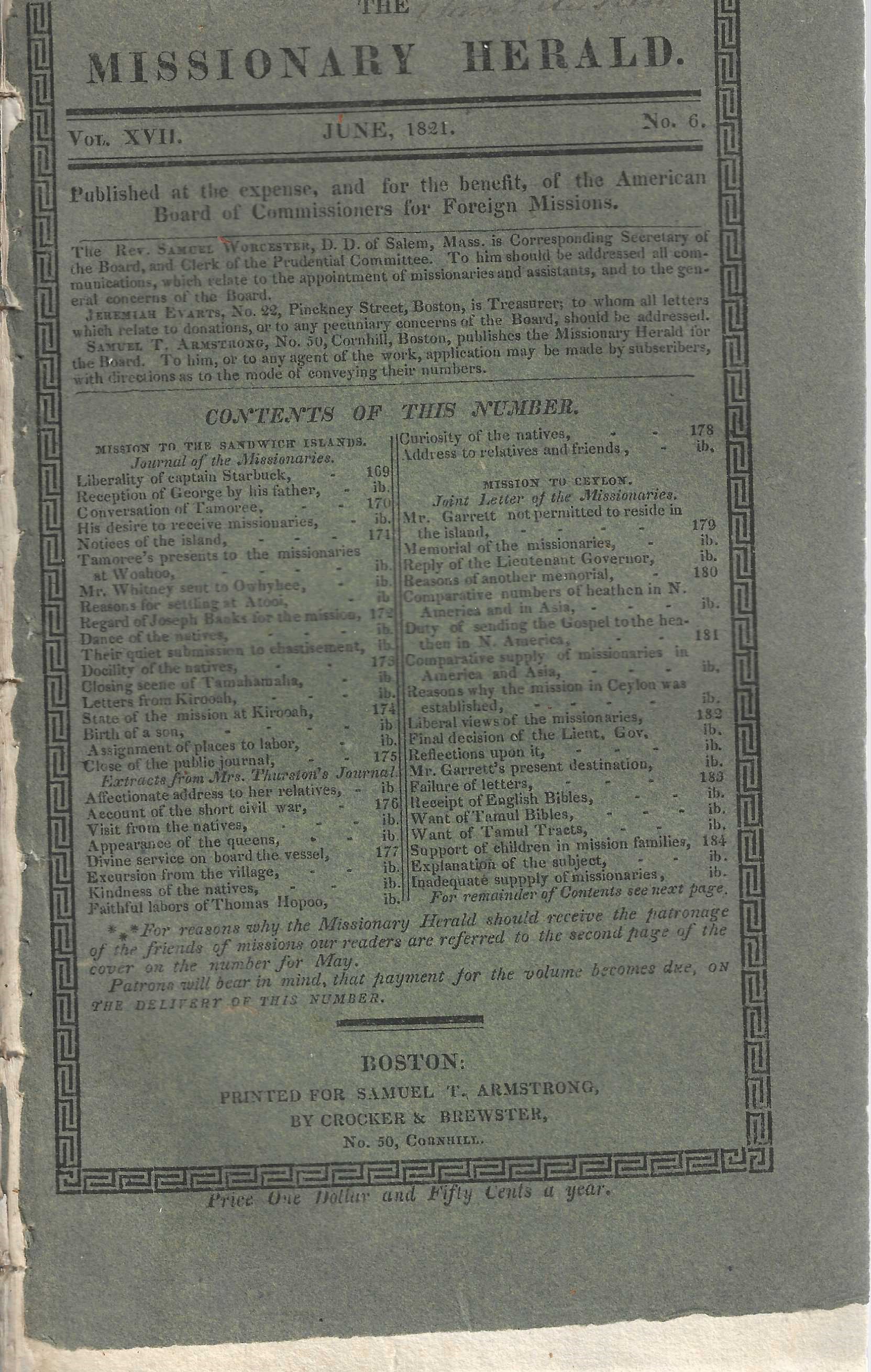 The Missionary Herald. Vol. XVII. June 1821, No. 6