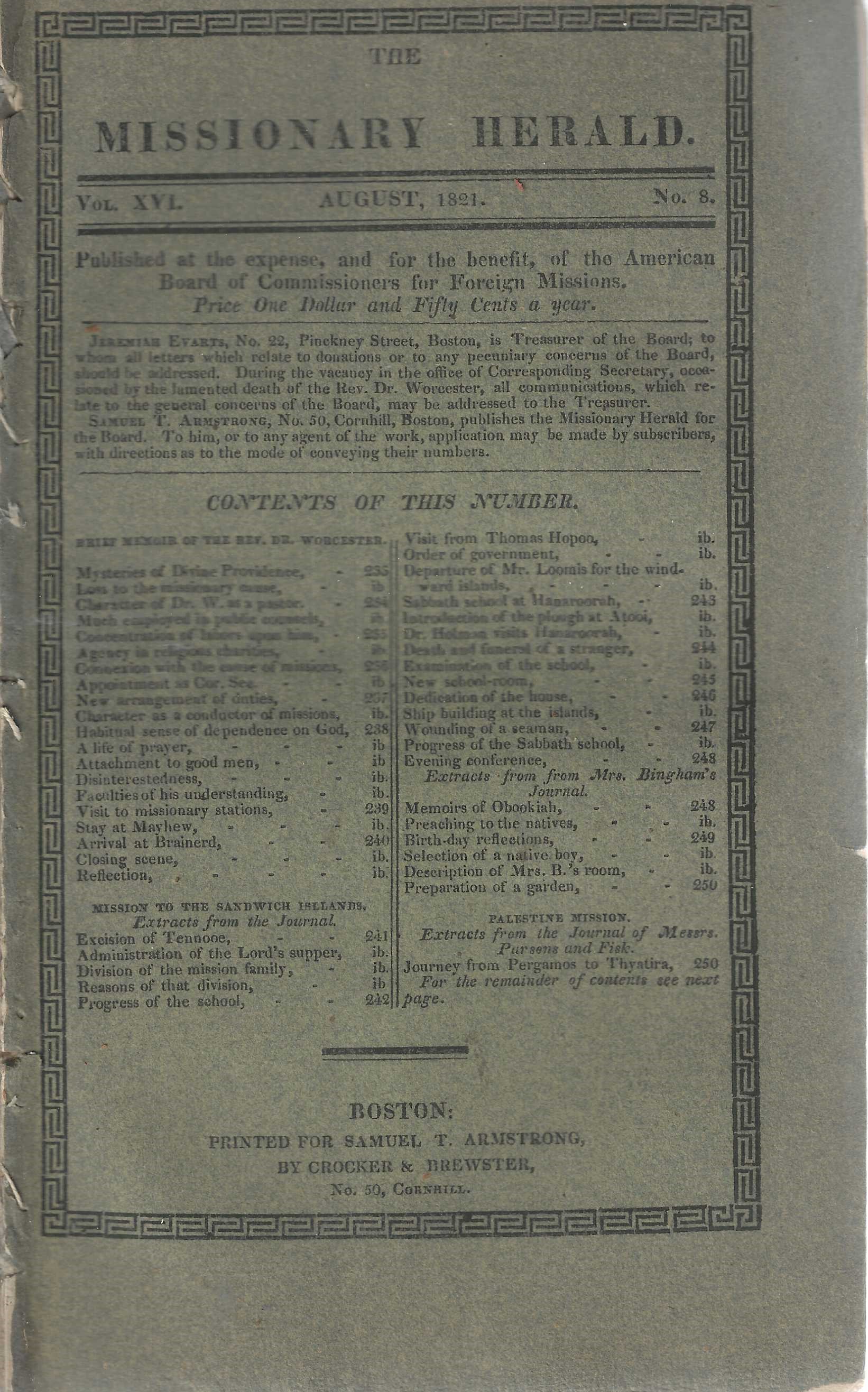 The Missionary Herald. Vol. XVII. August 1821, No. 8