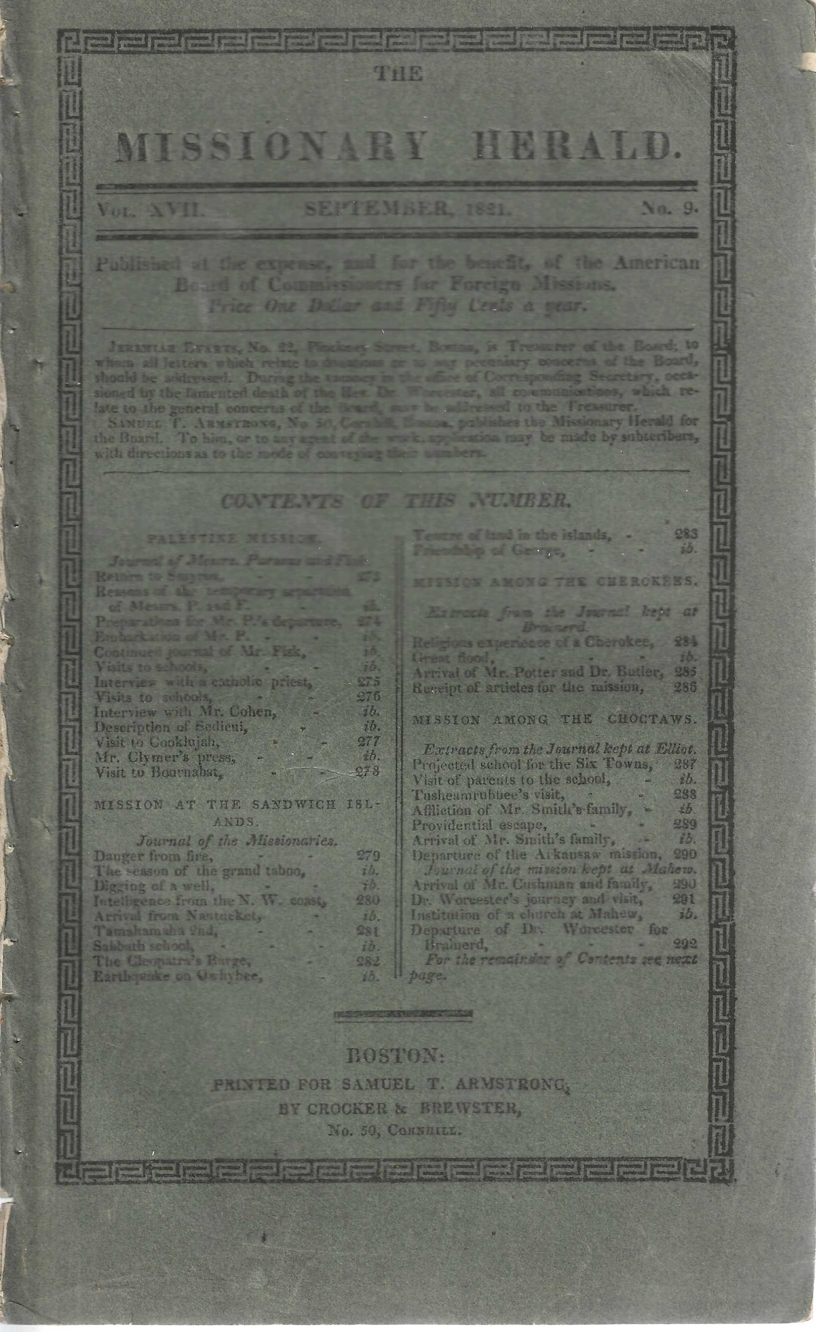 The Missionary Herald. Vol. XVII. September 1821, No. 9