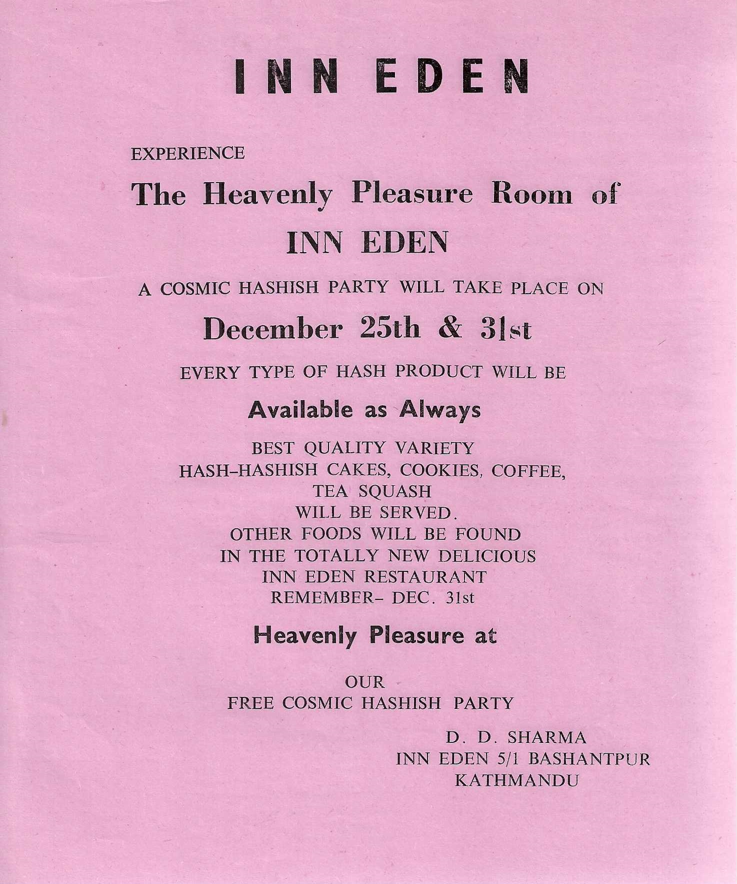 Pamphlet for 'A Cosmic Hashish Party' at 'The Heavenly Pleasure Room of INN EDEN' [Kathmandu, Nepal]